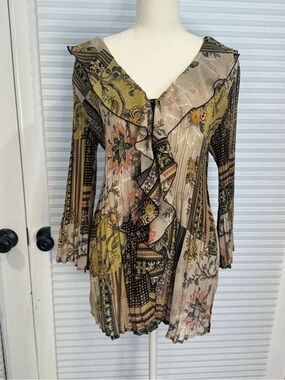 Vintage Signature by Larry Levine Floral Ruffle Blouse Boho Patchwork Top 0909